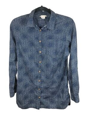 Duluth Trading Co Button Down Shirt Blue Print Hemp Cotton Relaxed M